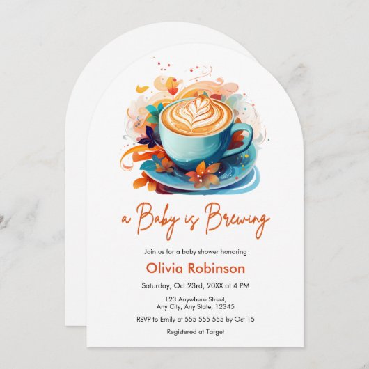 ブルーフローラAベビーはコーヒーの赤ちゃんシャワーを醸造している 招待状 (正面/裏面)