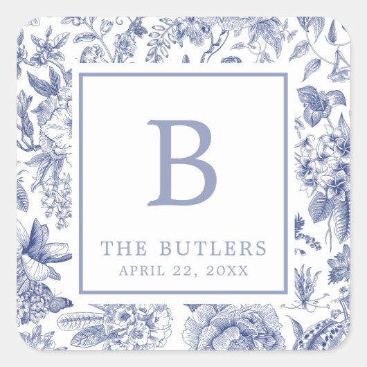 ブルーフローラChinoiserieイニシャル結婚ズシール スクエアシール (正面)