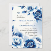 ブルーフローラChinoiserie、水彩洗結婚浄液 招待状 (正面)
