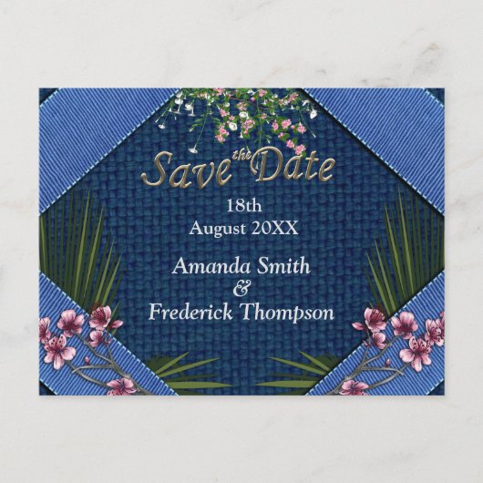 ブルーフ芸術品を気取ったァブリックテクスチャ上のピンクの花 案内ポストカード (正面)