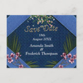 ブルーフ芸術品を気取ったァブリックテクスチャ上のピンクの花 案内ポストカード (正面)