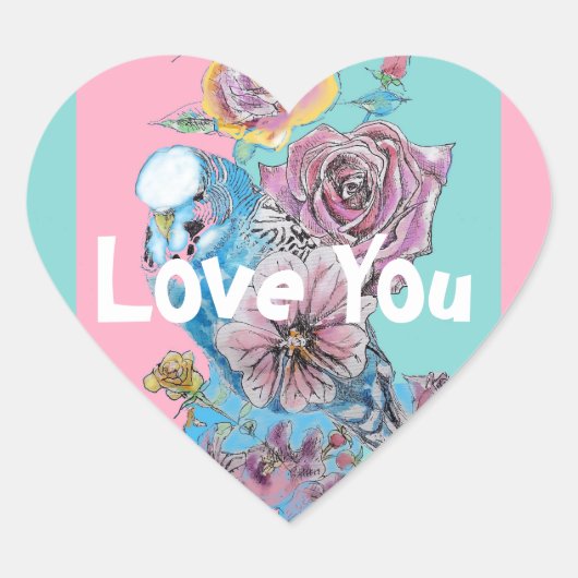 ブルーブジバードバードバラフラワーラブ絵画ズアクア ハートシール (正面)