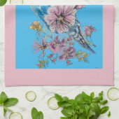ブルーブジージュキュートお洒落ピンクブルーフローラ キッチンタオル (折り畳み)