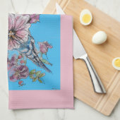 ブルーブジージュキュートお洒落ピンクブルーフローラ キッチンタオル (四つ折り)