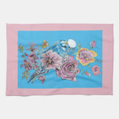 ブルーブジージュキュートお洒落ピンクブルーフローラ キッチンタオル (横)