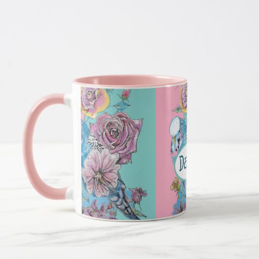 ブルーブジージーバードバラフローラピンクアクアガールズネーム マグカップ (左)
