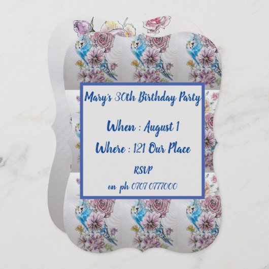 ブルーブジーバラフローラ40th誕生日招待状 招待状 (正面/裏面)