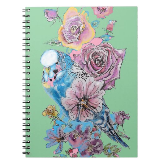 ブルーブジーバラ水彩緑の鳥のノート ノートブック (正面)