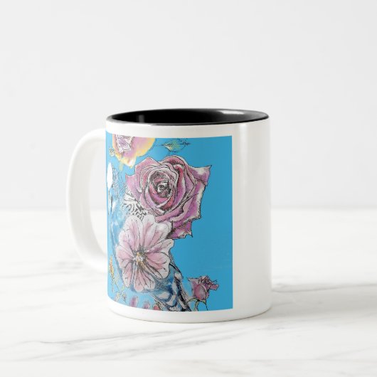 ブルーブジーブデガリガーバラウォーターカラーフローラアート ツートーンマグカップ (正面左)