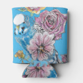 ブルーブジーブデガリガーバラウォーターカラーフローラアート 缶クーラー (裏面)