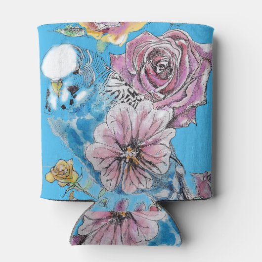 ブルーブジーブデガリガーバラウォーターカラーフローラアート 缶クーラー (裏面)