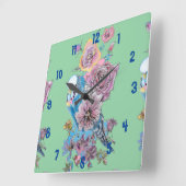 ブルーブジー水色グリーン女性オフィス時計 スクエア壁時計 (傾斜)