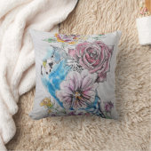 ブルーブジー&バラ水彩鳥デコアクッション クッション (ブランケット)