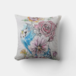 ブルーブジー&バラ水彩鳥デコアクッション クッション