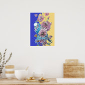 ブルーブジー&レッドローズネイビー水彩画ポスター ポスター (キッチン)