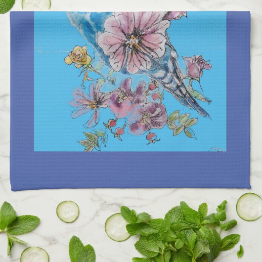 ブルーブッジキュートお洒落ネイビーブルーフローラ茶 キッチンタオル (折り畳み)