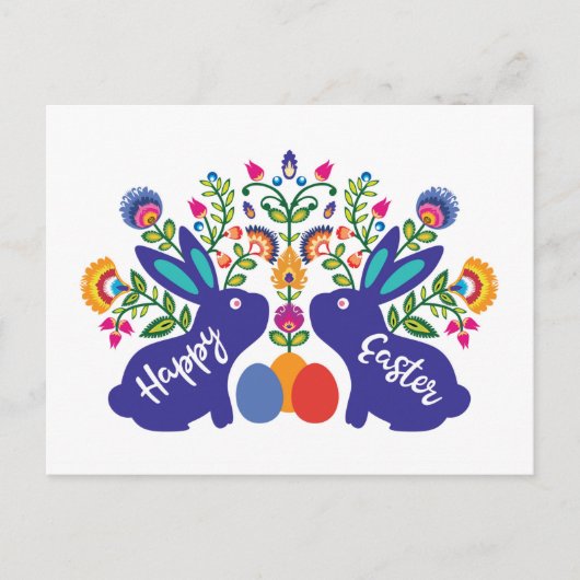 ブルー🐰ブニー民俗花カスタム文字 ポストカード (正面)