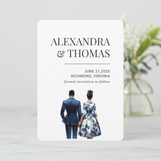 ブルーブライダルカップルアフリカンアメリカン 招待状 (スタンド正面)