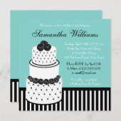 ブルーブライダルシャワーブラック&ホワ結婚イトズケーキ 招待状 (正面/裏面)