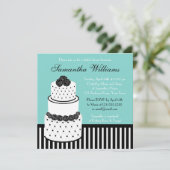 ブルーブライダルシャワーブラック&ホワ結婚イトズケーキ 招待状 (スタンド正面)