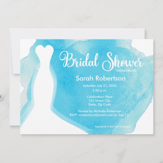 ブルーブライダルシャワー結婚ズのガウン水彩 招待状 (正面)