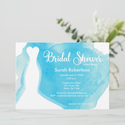 ブルーブライダルシャワー結婚ズのガウン水彩 招待状 (スタンド正面)