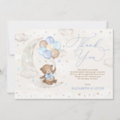 ブルーブラウンのバルーンと共に月に描かれる、かわいいテディベア サンキューカード (正面)