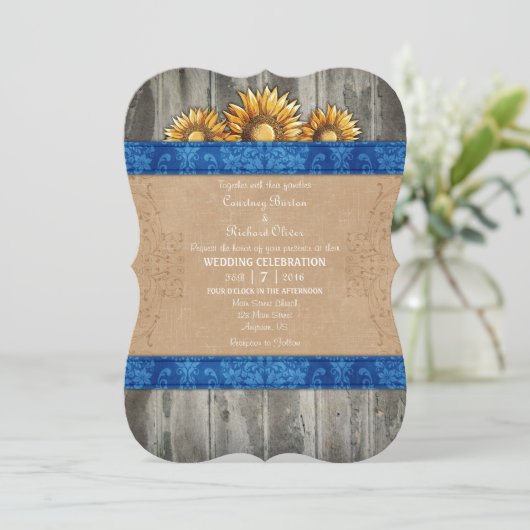 ブルーブラウンひまわり素朴の結婚式の招待 招待状 (スタンド正面)