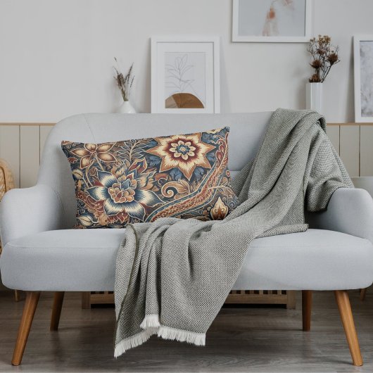 ブルーブラウンアイボリーインドネシアろうけつ染めフローラルパターン ランバークッション