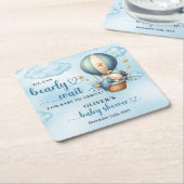 ブルーブラウンアイボリーテディベアを待つ スクエアペーパーコースター (アングル)