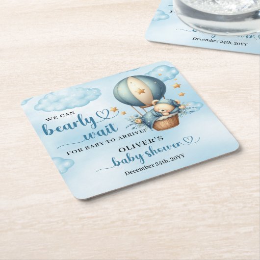 ブルーブラウンアイボリーテディベアを待つ スクエアペーパーコースター (アングル)