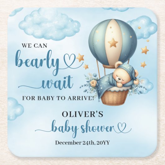 ブルーブラウンアイボリーテディベアを待つ スクエアペーパーコースター (正面)