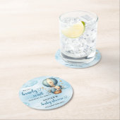 ブルーブラウンアイボリーテディベアを待つ ラウンドペーパーコースター (インサイチュ)