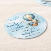 ブルーブラウンアイボリーテディベアを待つ ラウンドペーパーコースター (アングル)