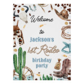 ブルーブラウンウェスタン最初のロデオ最初の誕生日のサイン ポスター (正面)