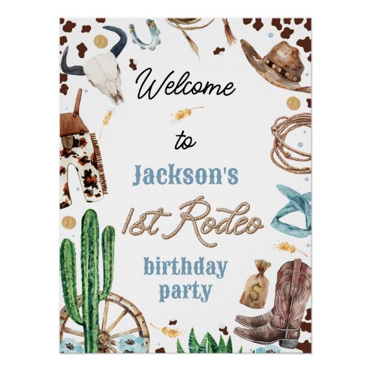 ブルーブラウンウェスタン最初のロデオ最初の誕生日のサイン ポスター (正面)