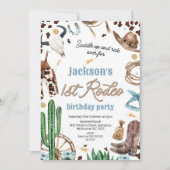 ブルーブラウンウエスタンファースト・ロデオ1歳の誕生日 招待状 (正面)