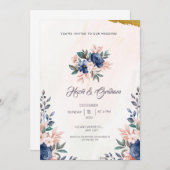 ブルーブラウンシンプルフローラフレームと水彩画 招待状 (正面/裏面)