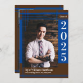 ブルーブラウンスクールカラー卒業写真プライド 招待状 (正面/裏面)