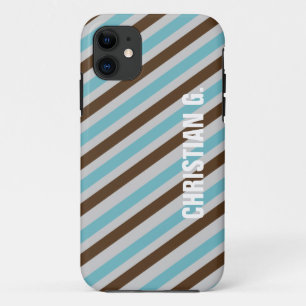 ブルーブラウンストライプパターン名前をカスタムするパーソナル iPhone 11 ケース
