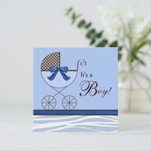 ブルーブラウンゼブラ男の赤ちゃんシャワー招待状 招待状 (スタンド正面)