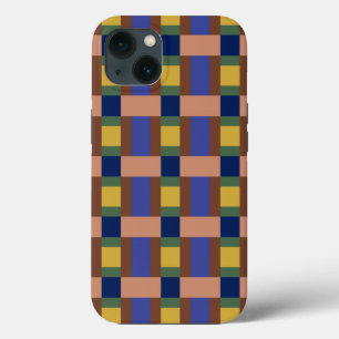 ブルーブラウンタングリーンイエローカラーブロックプリント iPhone 13ケース