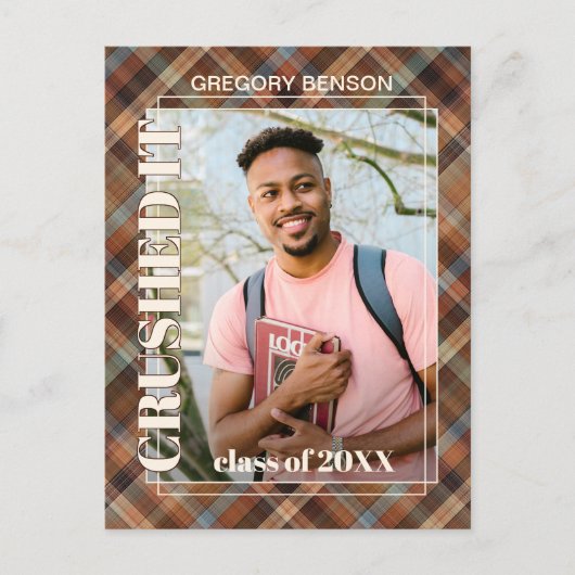 ブルーブラウンタータンチェックプレイド卒業発表 ポストカード (正面)