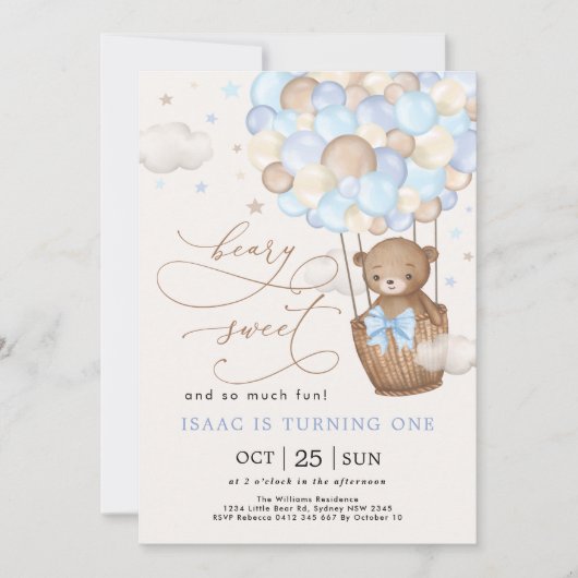 ブルーブラウンテディベアホットエアバルーンボーイ誕生日 招待状 (正面)
