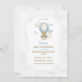 ブルーブラウンテディベアホットエアバルーンボーイ 招待状 (正面)