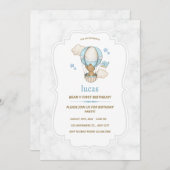 ブルーブラウンテディベアホットエアバルーンボーイ 招待状 (正面/裏面)