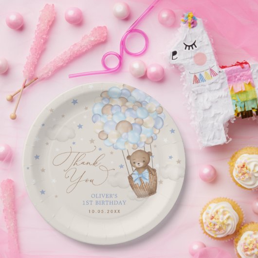 ブルーブラウンテディベアホットエアバルーン誕生日ボーイ ペーパープレート (パーティー)