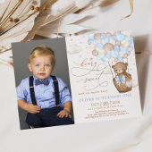 ブルーブラウンテディベアホットエアバルーン1st誕生日 招待状