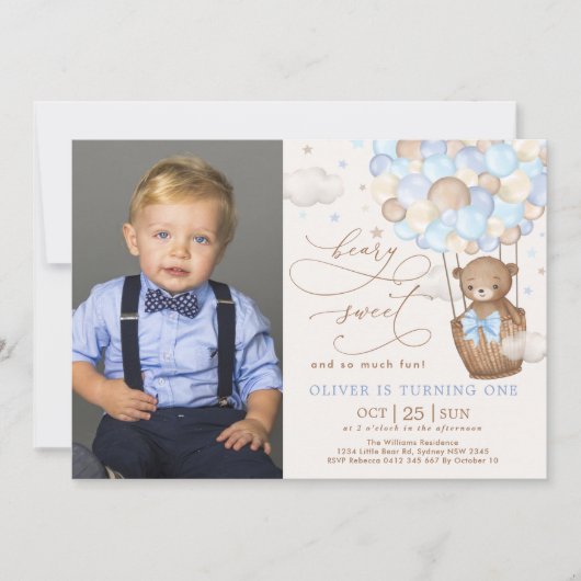 ブルーブラウンテディベアホットエアバルーン1st誕生日 招待状 (正面)