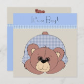 ブルーブラウンテディベア男の赤ちゃんシャワー 招待状 (正面/裏面)